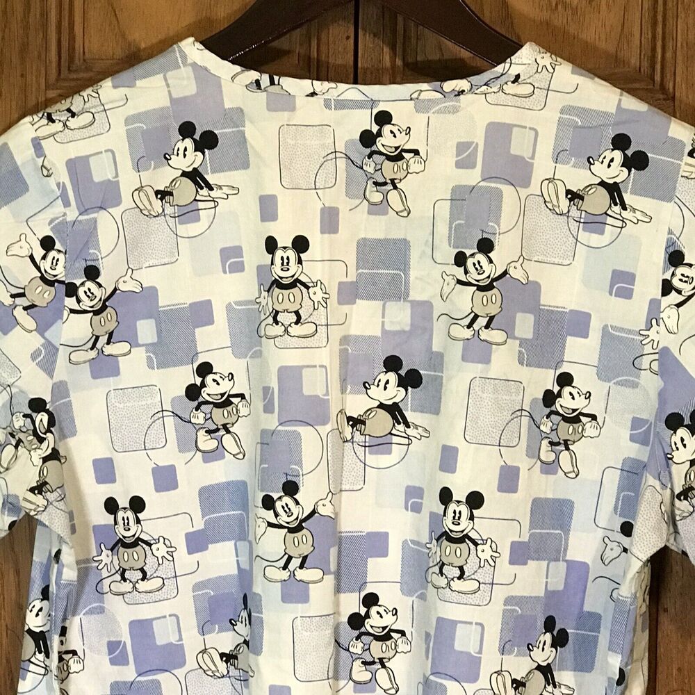 Disney Scrub Top Small Blue Mickey V-Neck Pockets Short Sleeve Tie Back Medical - Picture 7 of 10